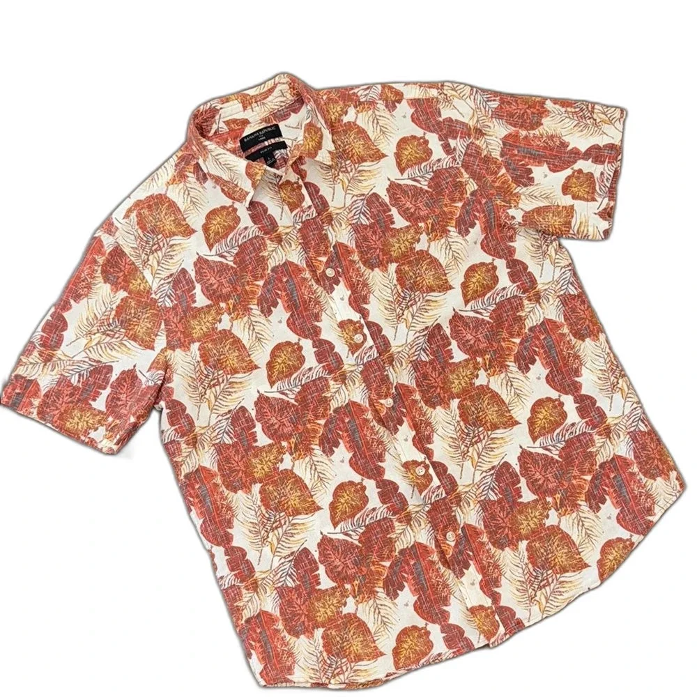Banana Republic Linen Camp Shirt Slim Fit Tropical Floral Rust Cream Summer L